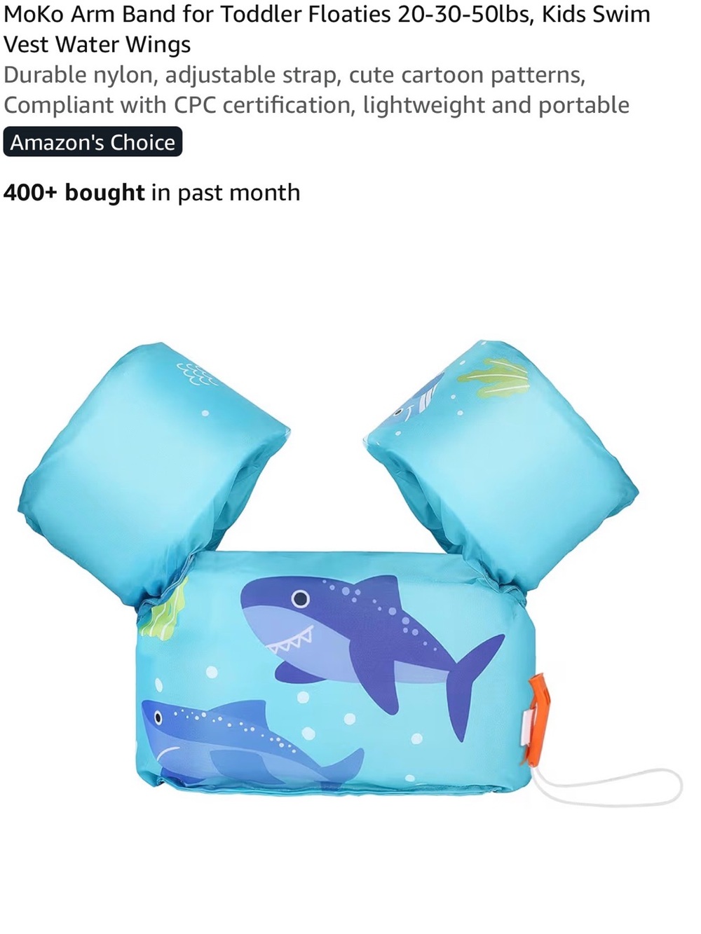 MoKo Kids Swim Arm Bands Floaties in Aqua with Shark Print